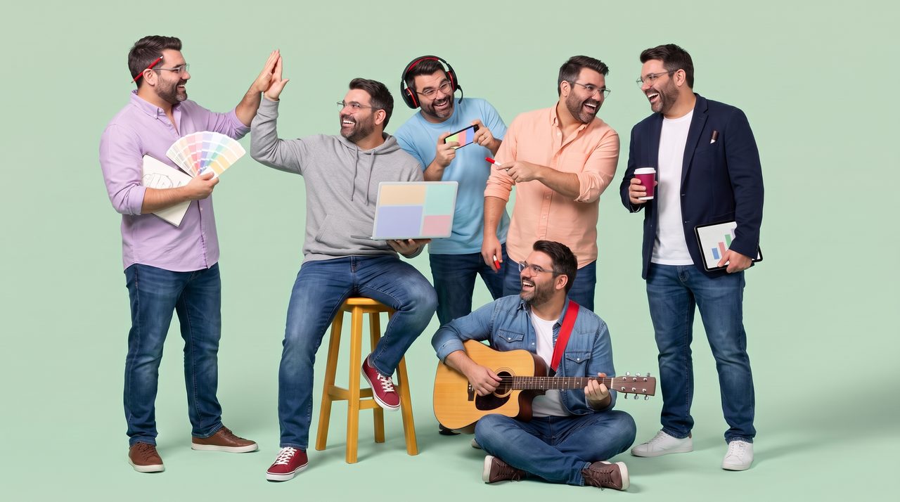 AI-generated photo of six Richards in different roles (developer, designer, sales lead, tech lead, guitarist and mobile gamer) high-fiving and laughing together on a mint studio backdrop