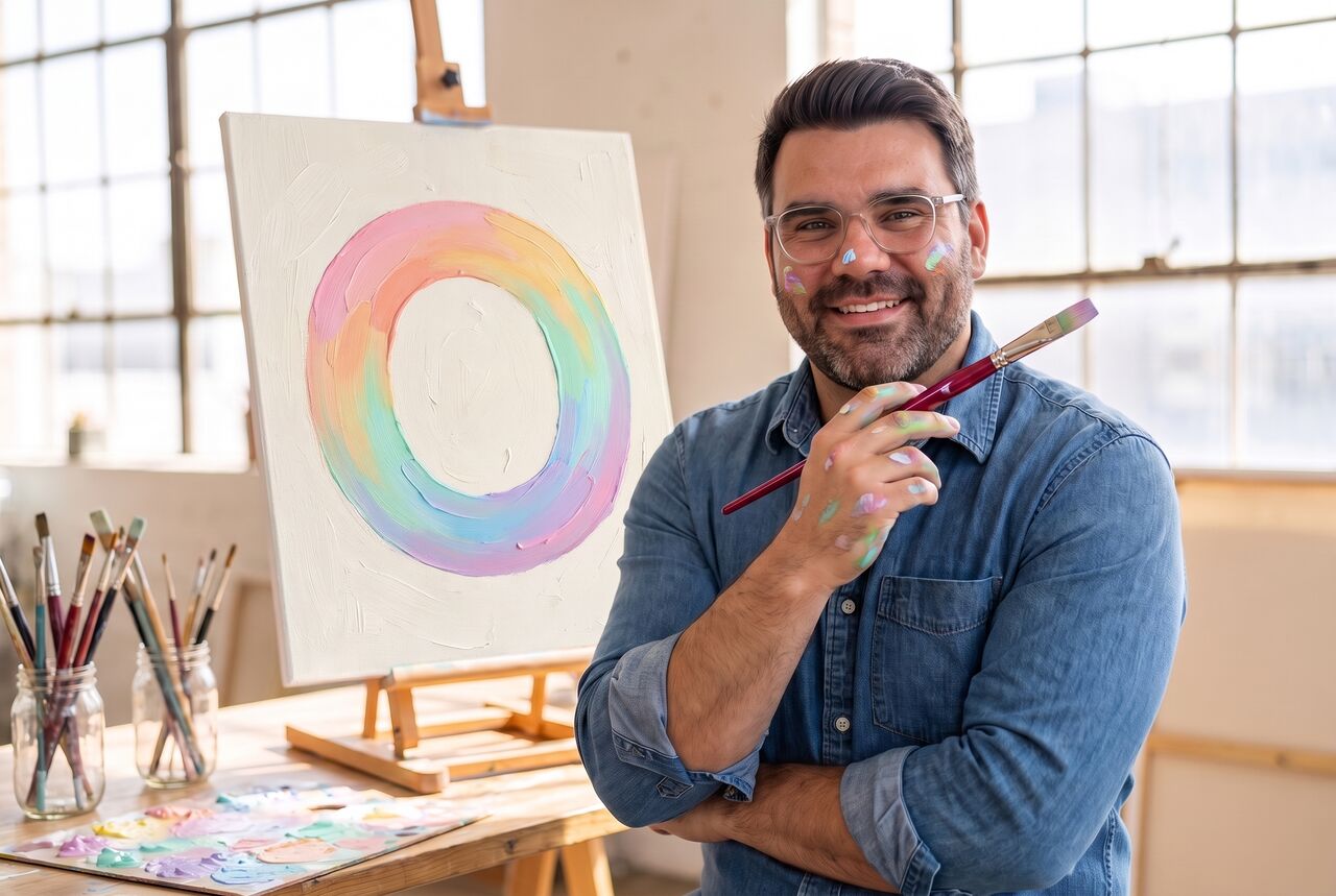 AI-generated photo of Richard with paint on his fingers, smiling next to a canvas with one thick ring painted in a soft rainbow gradient