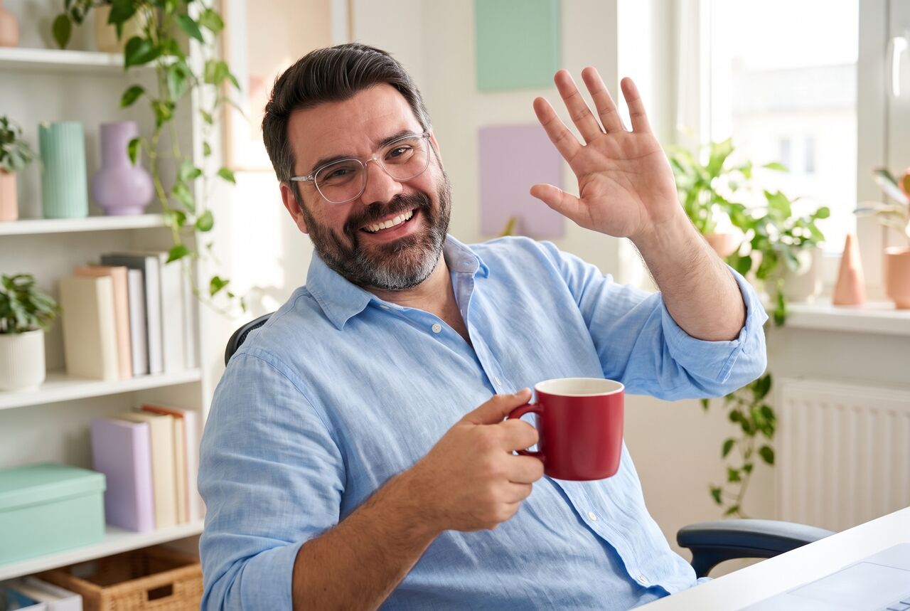 AI-generated photo of Richard waving at the camera during a relaxed video call from a bright home office full of plants, a red mug in his hand