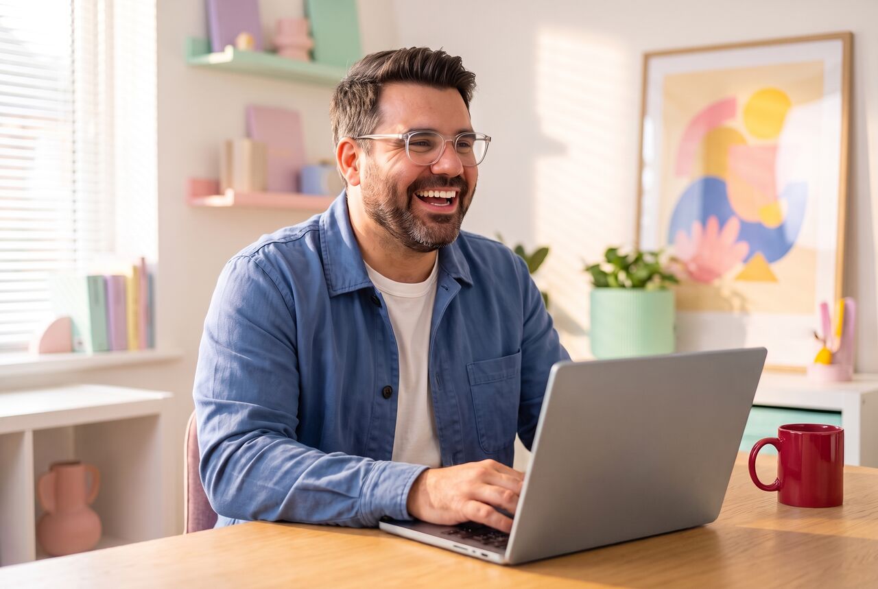AI-generated photo of Richard laughing at his laptop in a bright pastel studio, a red mug on the desk