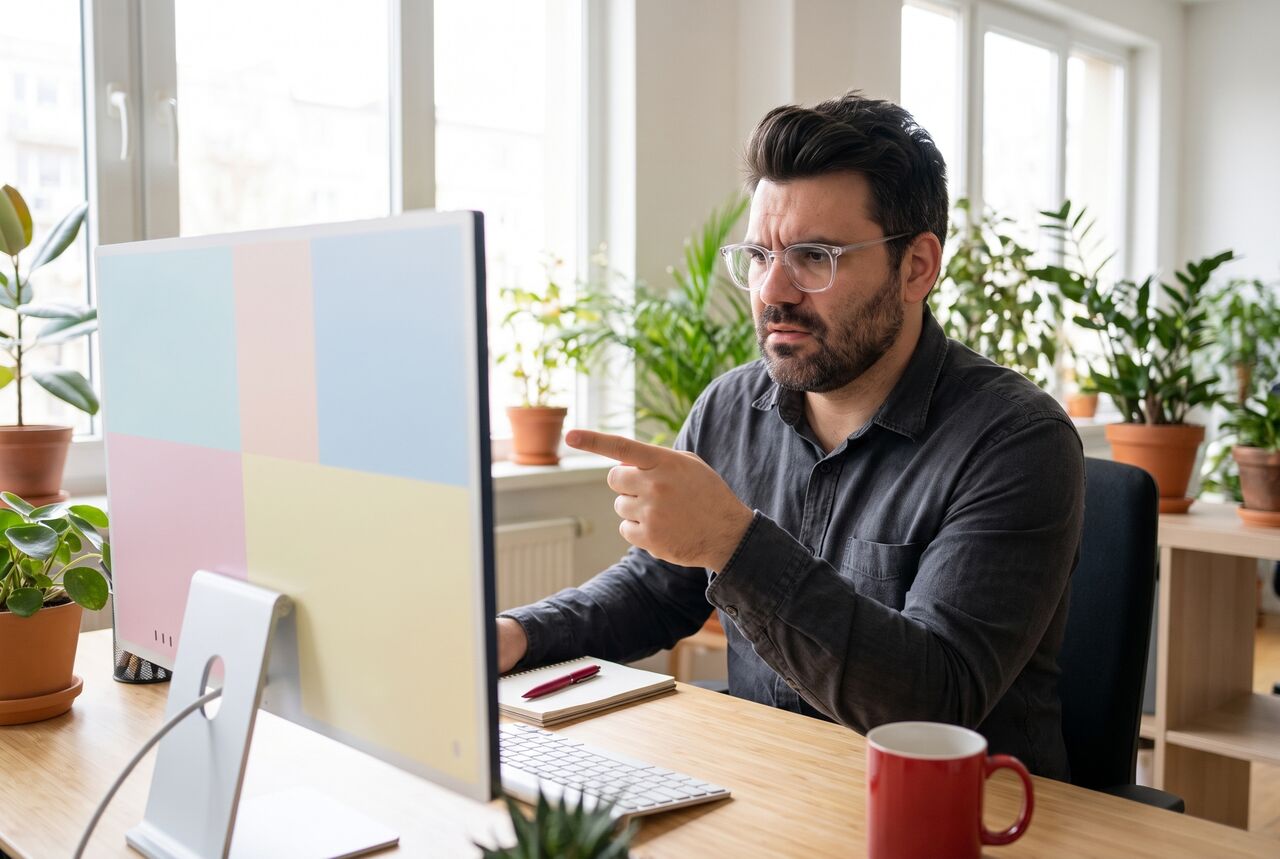 AI-generated photo of Richard alone at his desk in clear glasses, pointing at the monitor with a puzzled frown, a red mug beside the keyboard