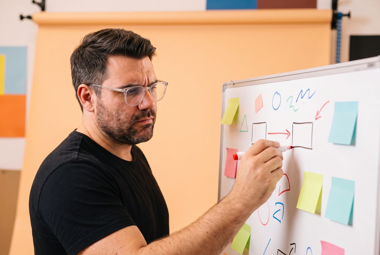 AI-generated photo of Richard in clear glasses and a black t-shirt, frowning in focus as he draws an arrow between two boxes on a whiteboard full of sticky notes