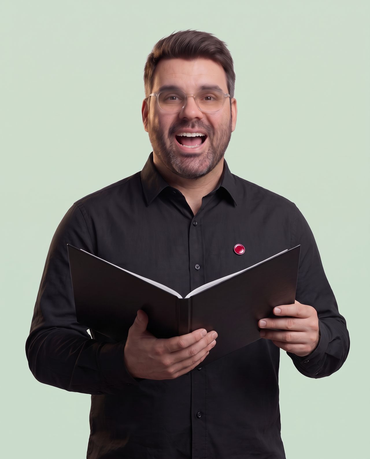 AI-generated portrait of Richard singing from a black choir folder, wearing a black shirt with a small red pin