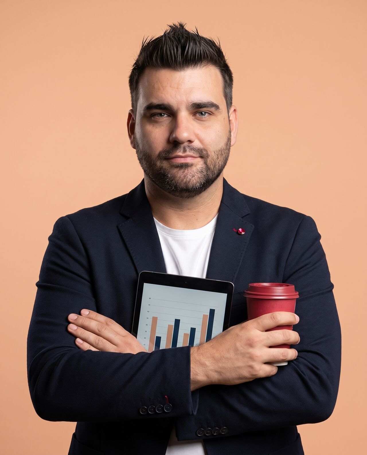 AI-generated portrait of Richard as a sales and revenue operations lead without glasses, in a navy blazer, arms crossed over a tablet with a simple chart, a red coffee cup in hand, looking calm and serious